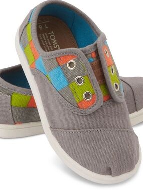 TOMS Kids Gray Canvas Slip-On Sneakers with Orange, Blue & Lime Accents